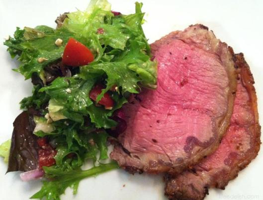 Black Pepper and Garlic Striploin Roast. Nice, charred and smokey. So yummy. Coated in a mixture of minced garlic and coarsely-ground black pepper, and roasted in the oven at 235C for 50 mins for a perfect medium rare in the middle and medium at the ends.